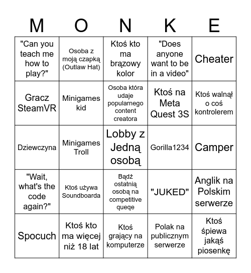 Gorilla Tag Bingo (Polskie) Bingo Card