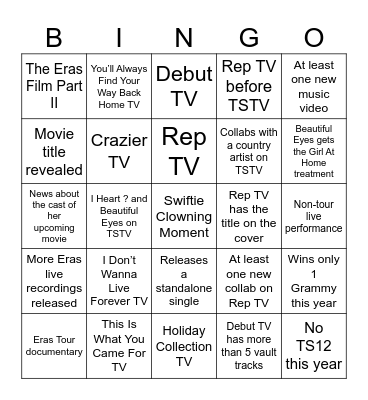 Swiftie 2025 Bingo Card