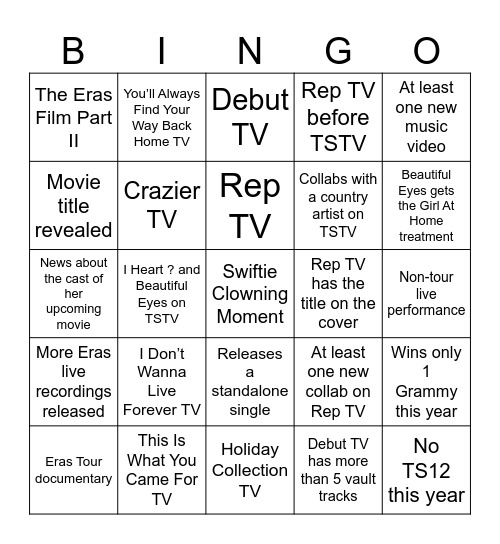 Swiftie 2025 Bingo Card