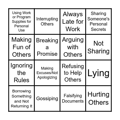Unethical Behavior Bingo Card