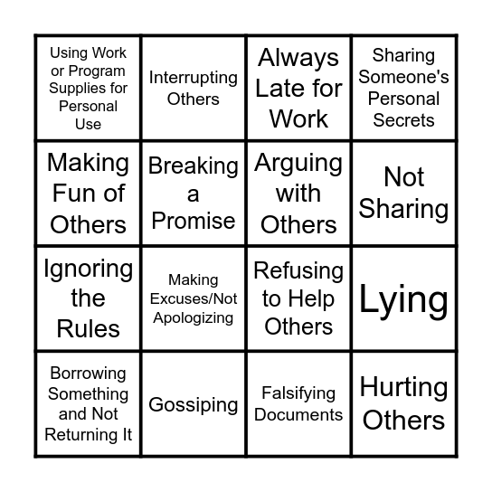 Unethical Behavior Bingo Card