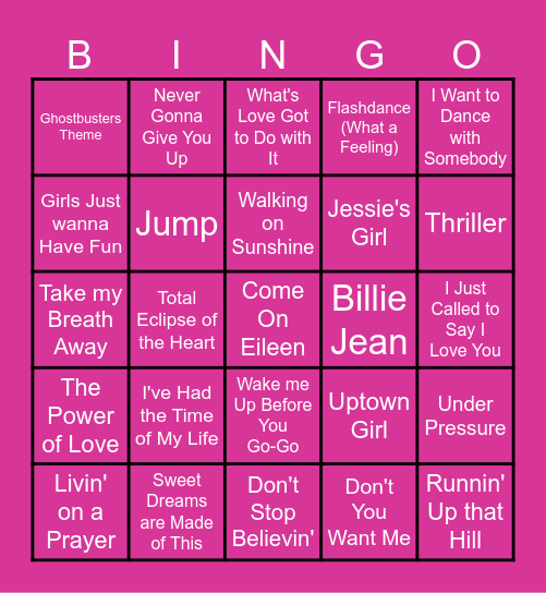 80s Music Bingo Card