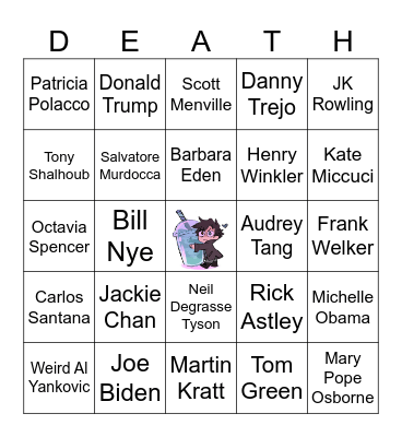 Celebrity/Hero Death List Bingo Card