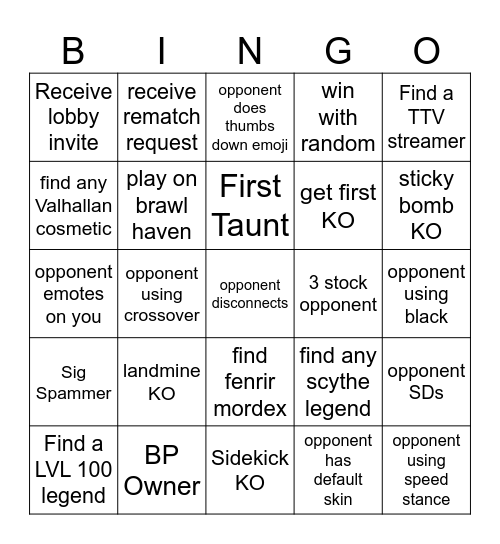 Brawlhalla Bingo Card