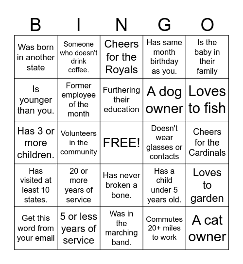 Get to know your Co-Workers Bingo! Bingo Card