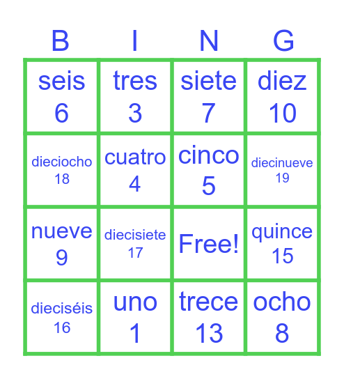 Spanish Numbers Bingo Card