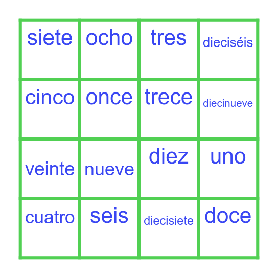 Spanish Numbers Bingo Card