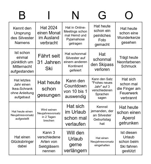 Silvester-Bingo Card