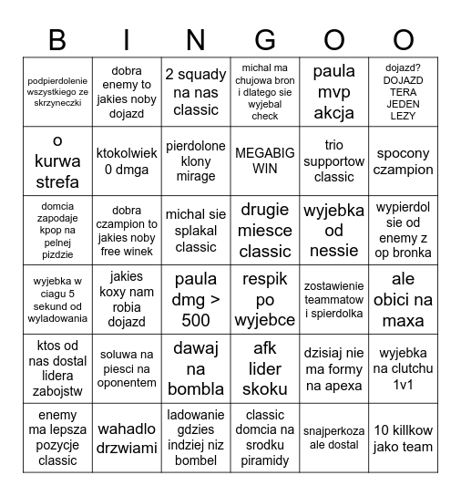 apex Bingo Card