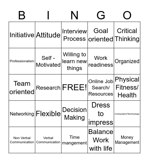 Work Readiness Bingo Card