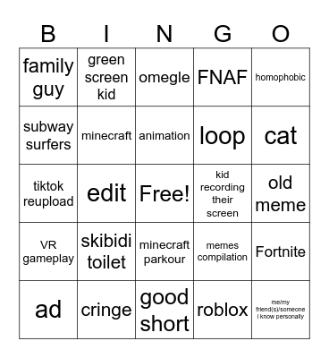 youtube shorts Bingo Card