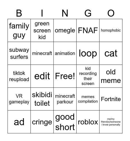 youtube shorts Bingo Card