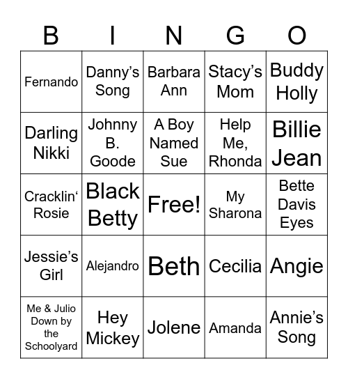 Songs with NAMES Bingo Card