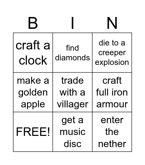 minecraft bingo Card