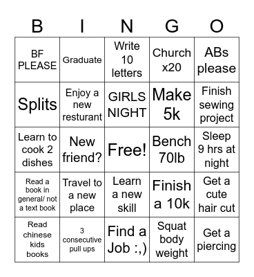 New Years Bingo Card
