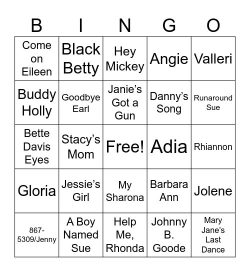 Songs with NAMES Bingo Card
