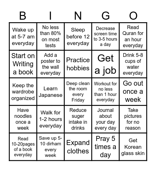 Goals Bingo Card