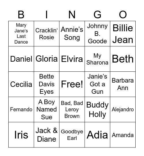 Songs with NAMES Bingo Card