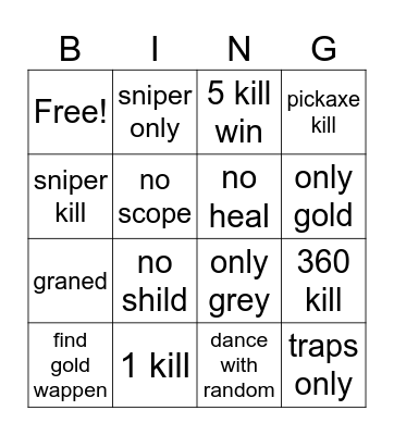 Fortnite Bingo Card