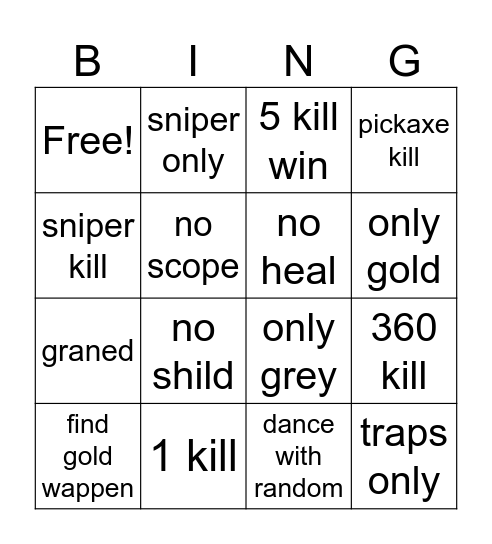 Fortnite Bingo Card