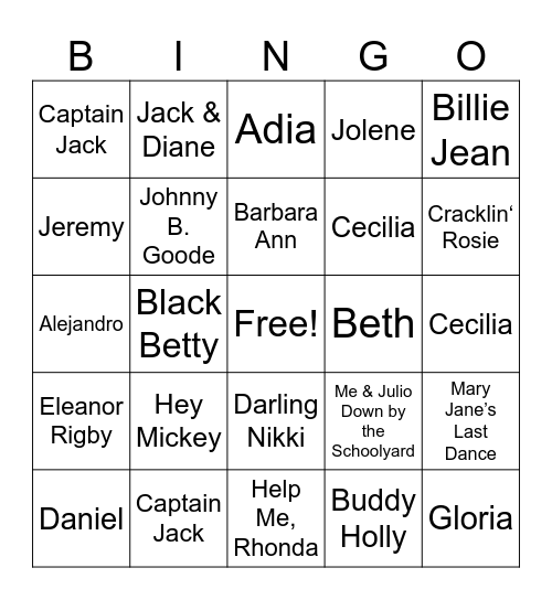 Songs with NAMES Bingo Card