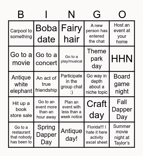 20 Person Group Chat Bingo Card