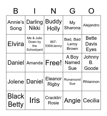 Songs with NAMES Bingo Card