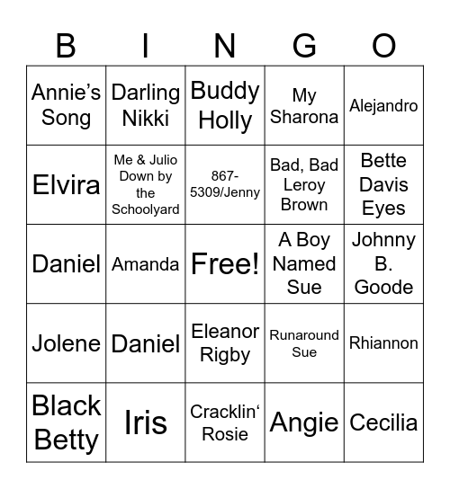 Songs with NAMES Bingo Card