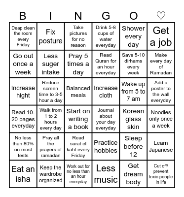 Goals Bingo Card
