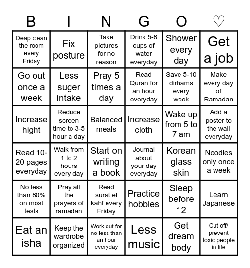 Goals Bingo Card