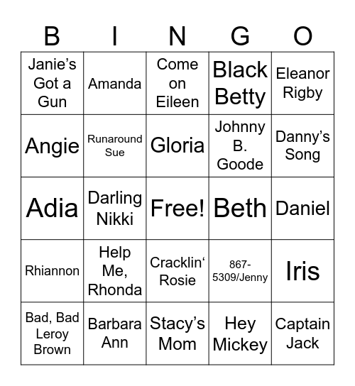 Songs with NAMES Bingo Card