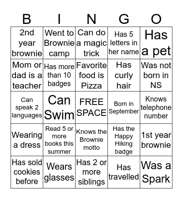 Brownie Bingo Card