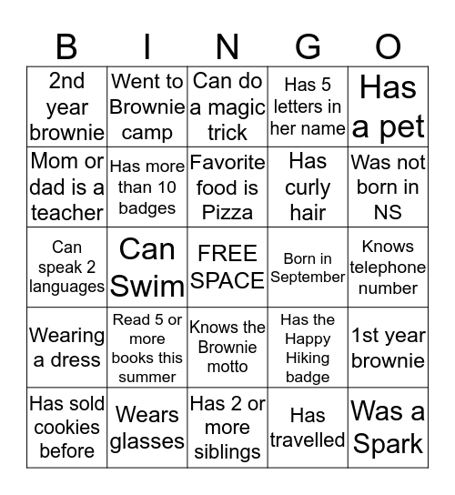 Brownie Bingo Card