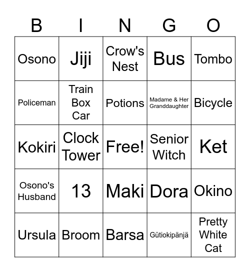 Kiki's Delivery Service Bingo Card