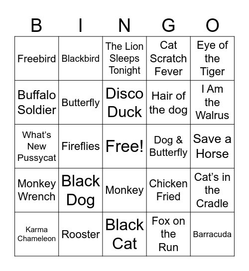 Songs with ANIMALS Bingo Card