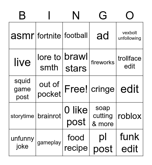 tiktok bingo Card