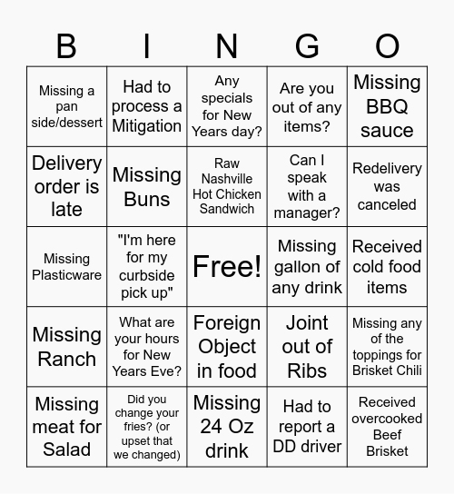 Guest Services Bingo Card