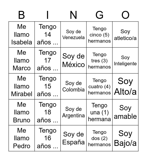 Spanish Greetings Practice Bingo Card