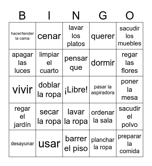 Level 2- Los quehaceres domésticos Bingo Card