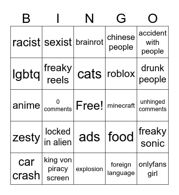 Insta Reels Bingo Card
