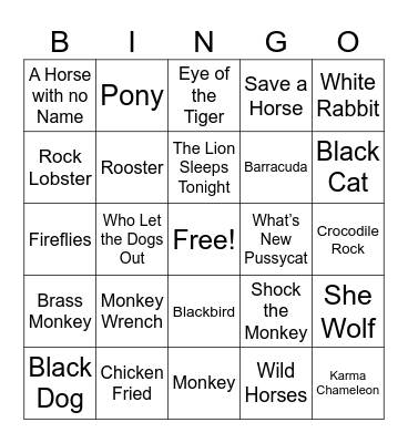 Songs with ANIMALS Bingo Card