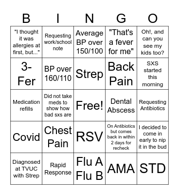 Urgent Care Bingo Card