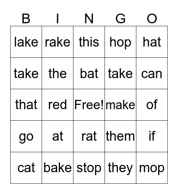 Spelling Words Bingo Card