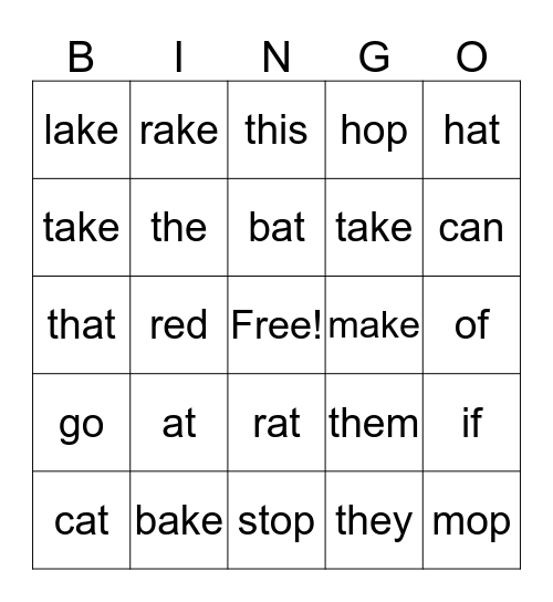Spelling Words Bingo Card