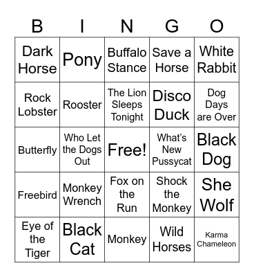 Songs with ANIMALS Bingo Card