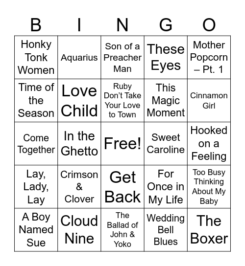Top Hits 1969 Bingo Card