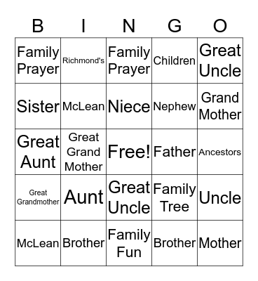 McLean/Richmond Family Reunion Bingo Card