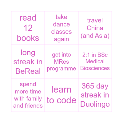 2024 New Year's Resolution Bingo Card