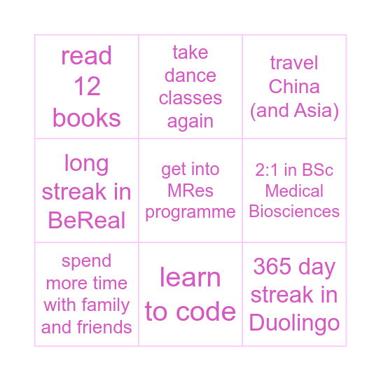 2024 New Year's Resolution Bingo Card