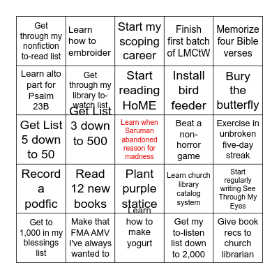 New Year's Resolutions Bingo Card